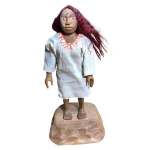 Primitive Hand Carved Wooden Ethnic Tribal Woman Red Hair White Dress